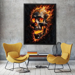 Fiery skull artwork with glowing flames for dramatic office or mancave decor.