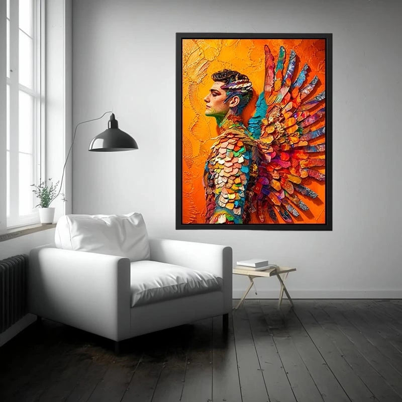 Colorful winged portrait abstract wall art with vibrant feathers and bold modern luxury canvas design