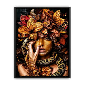 Golden portrait with serpent and autumn leaves for luxury bedroom decor.