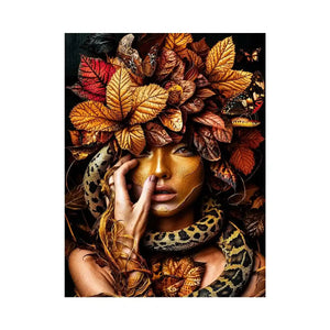 Golden portrait with serpent and autumn leaves for luxury bedroom decor.