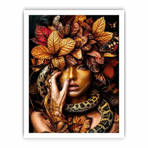 Golden portrait with serpent and autumn leaves for luxury bedroom decor.