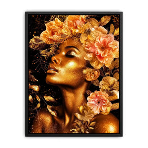 Golden floral portrait canvas print for elegant bedroom and hallway decor.