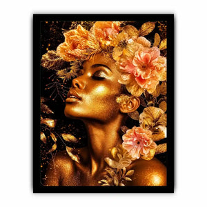 Golden floral portrait canvas print for elegant bedroom and hallway decor.