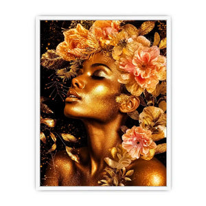 Golden floral portrait canvas print for elegant bedroom and hallway decor.