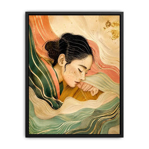 Abstract feminine portrait with flowing lines for calming Japandi bedroom decor.