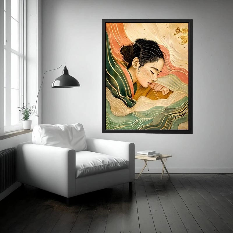 Abstract feminine portrait with flowing lines for calming Japandi bedroom decor.