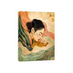 Abstract feminine portrait with flowing lines for calming Japandi bedroom decor.