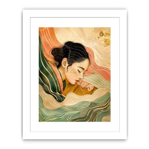 Abstract feminine portrait with flowing lines for calming Japandi bedroom decor.