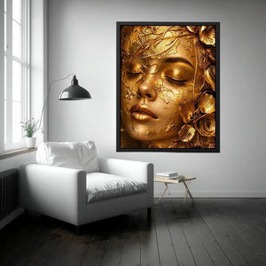 Gold textured portrait artwork with floral elegance for upscale modern interiors.