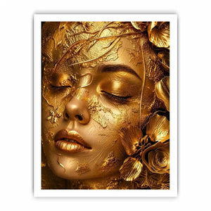 Gold textured portrait artwork with floral elegance for upscale modern interiors.