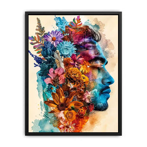 Floral double exposure portrait wall art with colorful botanical collage, artistic face silhouette canvas print for modern luxury home decor