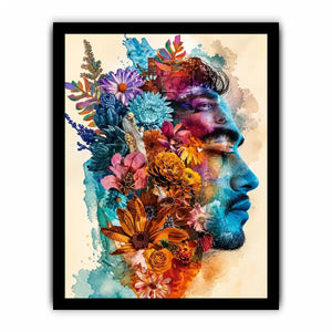 Floral double exposure portrait wall art with colorful botanical collage, artistic face silhouette canvas print for modern luxury home decor