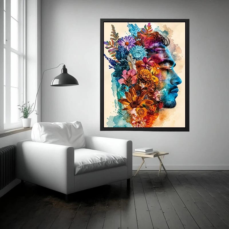 Floral double exposure portrait wall art with colorful botanical collage, artistic face silhouette canvas print for modern luxury home decor