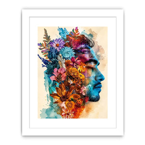 Floral double exposure portrait wall art with colorful botanical collage, artistic face silhouette canvas print for modern luxury home decor