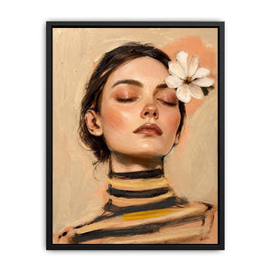 Soft feminine portrait painting with floral accents for peaceful bedroom decor.