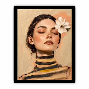 Soft feminine portrait painting with floral accents for peaceful bedroom decor.