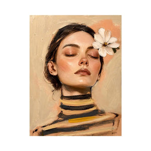 Soft feminine portrait painting with floral accents for peaceful bedroom decor.