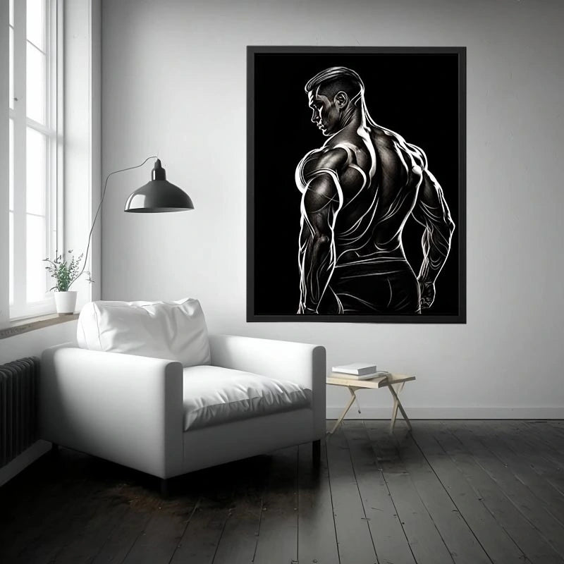 Black and white muscular male line art canvas for modern masculine interior decor.