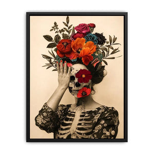 Surreal floral skull artwork with bold flowers for eclectic modern wall decor.