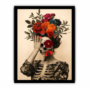 Surreal floral skull artwork with bold flowers for eclectic modern wall decor.