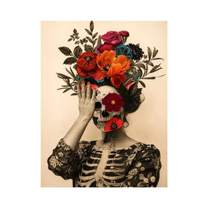 Surreal floral skull artwork with bold flowers for eclectic modern wall decor.