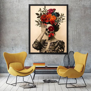 Surreal floral skull artwork with bold flowers for eclectic modern wall decor.