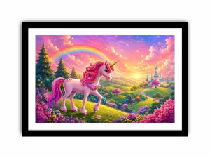 Pink unicorn fantasy canvas print for kids bedroom and nursery wall decor.
