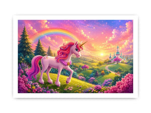 Pink unicorn fantasy canvas print for kids bedroom and nursery wall decor.