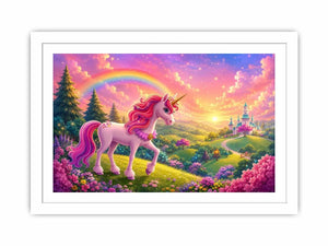 Pink unicorn fantasy canvas print for kids bedroom and nursery wall decor.
