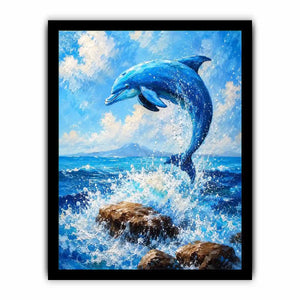 Blue dolphin ocean wall art for coastal living room and beach house decor.