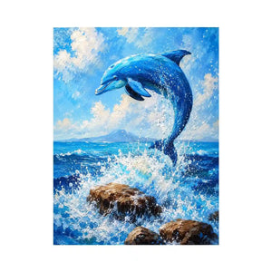 Blue dolphin ocean wall art for coastal living room and beach house decor.