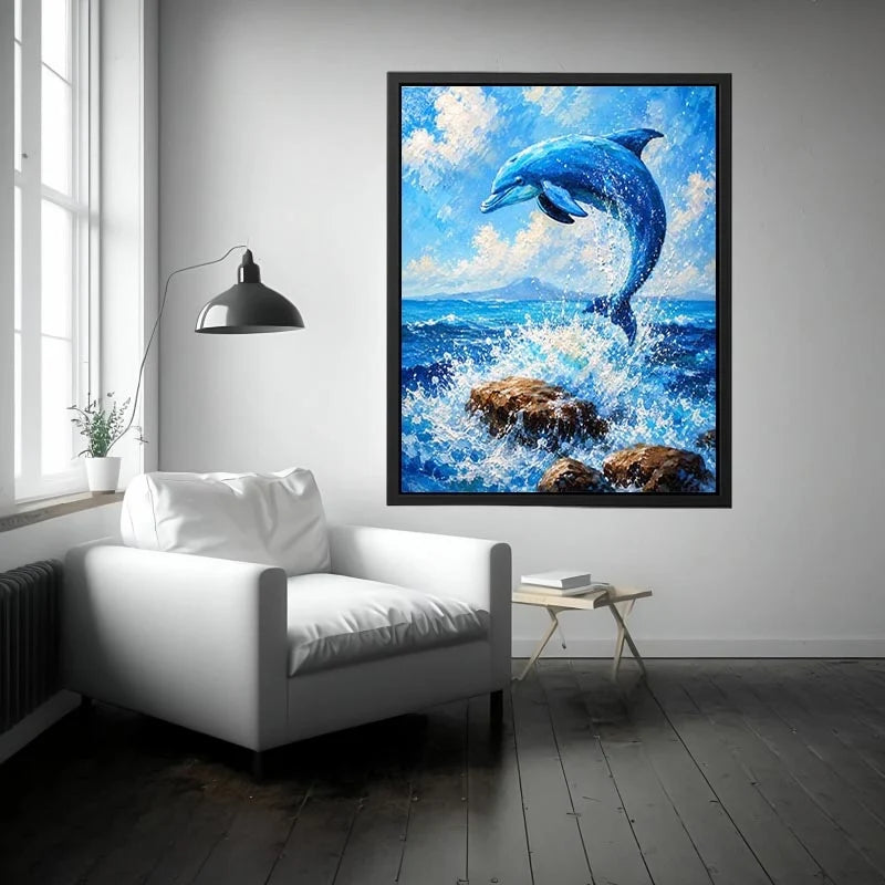 Blue dolphin ocean wall art for coastal living room and beach house decor.