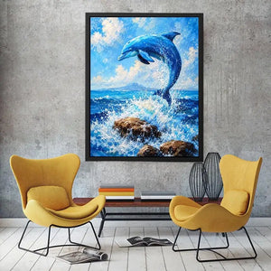 Blue dolphin ocean wall art for coastal living room and beach house decor.