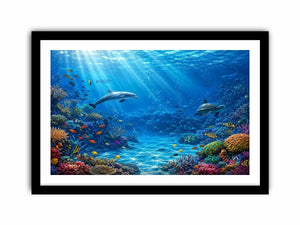 Underwater coral reef canvas art with dolphins for coastal wall decor.