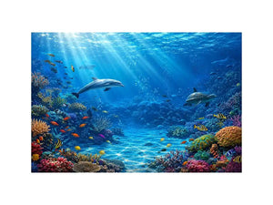 Underwater coral reef canvas art with dolphins for coastal wall decor.