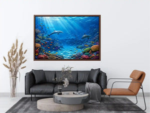 Underwater coral reef canvas art with dolphins for coastal wall decor.