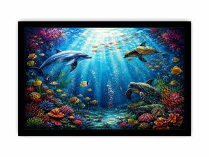 Colorful dolphin and turtle reef canvas print for coastal home decor.