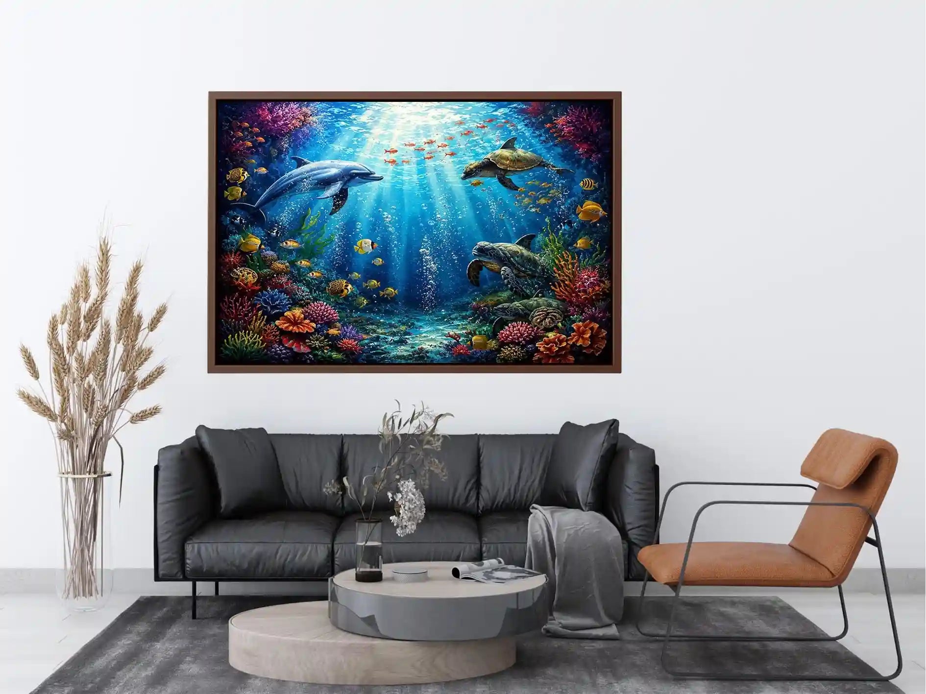 Colorful dolphin and turtle reef canvas print for coastal home decor.