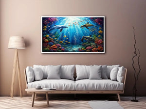 Colorful dolphin and turtle reef canvas print for coastal home decor.