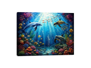 Colorful dolphin and turtle reef canvas print for coastal home decor.