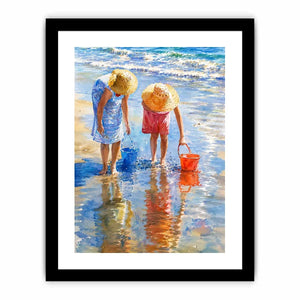 Watercolor beach artwork with children and ocean reflections for coastal living room decor.