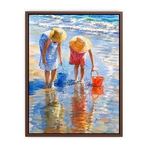 Watercolor beach artwork with children and ocean reflections for coastal living room decor.