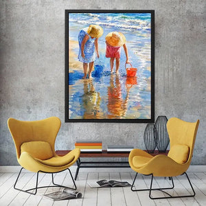 Watercolor beach artwork with children and ocean reflections for coastal living room decor.