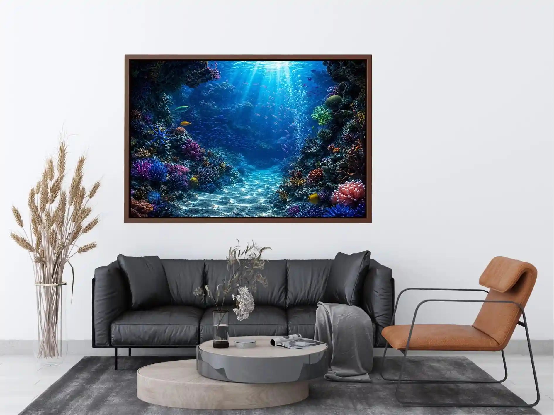 Colorful coral reef wall art for coastal bedroom and beach house decor.