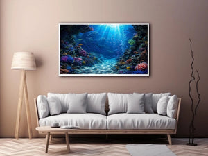 Colorful coral reef wall art for coastal bedroom and beach house decor.