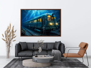 Underwater train canvas print for industrial loft and modern office decor.