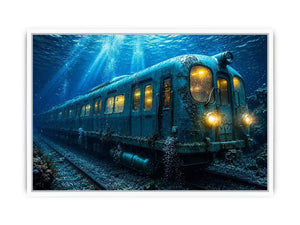 Underwater train canvas print for industrial loft and modern office decor.