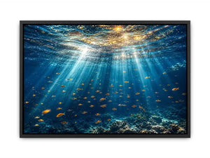 Ocean sunlight canvas art with fish for calm coastal bedroom decor.