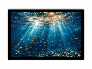 Ocean sunlight canvas art with fish for calm coastal bedroom decor.