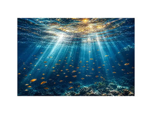 Ocean sunlight canvas art with fish for calm coastal bedroom decor.